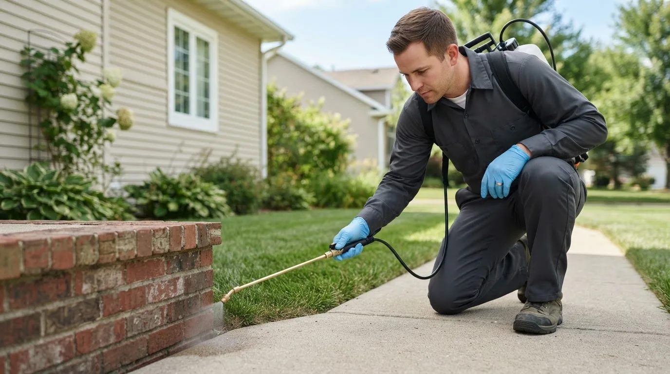 Pest control technician treating a home near Denver, IA