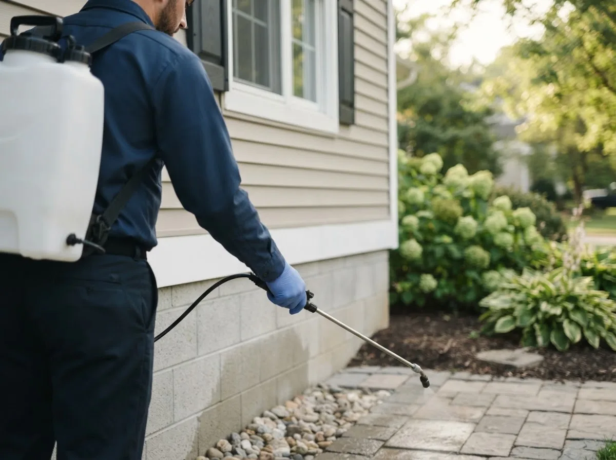 Pest control technician inspecting a home in Denver, IA